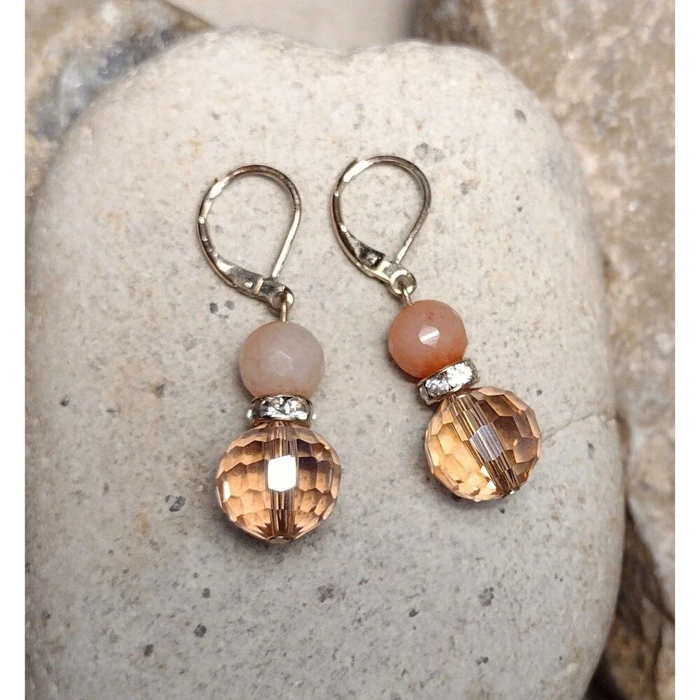 Vintage Peach Quartz Crystal Gold tone Dangle Earrings
